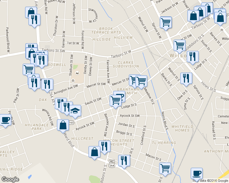 map of restaurants, bars, coffee shops, grocery stores, and more near 411 Fairview Avenue Southwest in Wilson