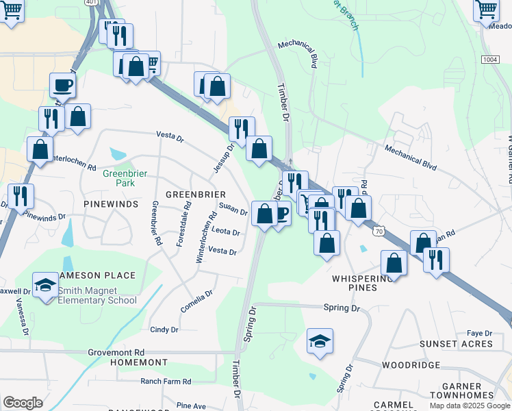 map of restaurants, bars, coffee shops, grocery stores, and more near 3704 Vesta Drive in Raleigh