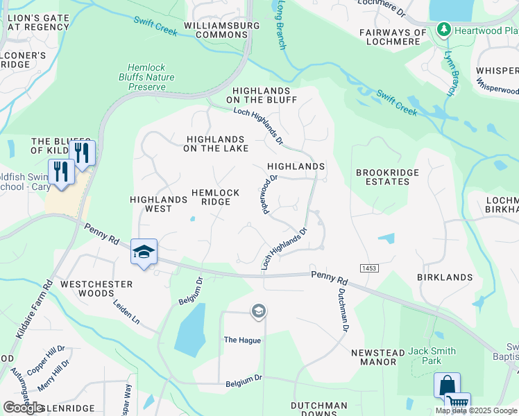 map of restaurants, bars, coffee shops, grocery stores, and more near 212 Piperwood Drive in Cary