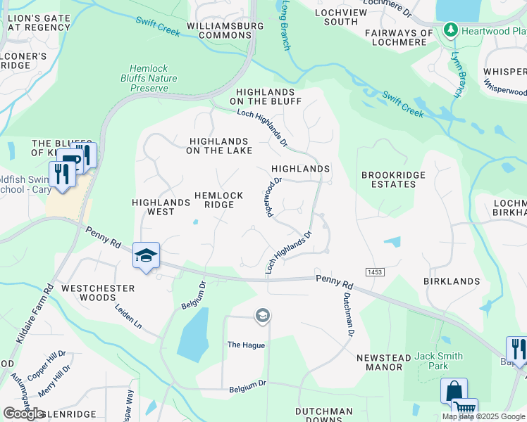 map of restaurants, bars, coffee shops, grocery stores, and more near 212 Piperwood Drive in Cary