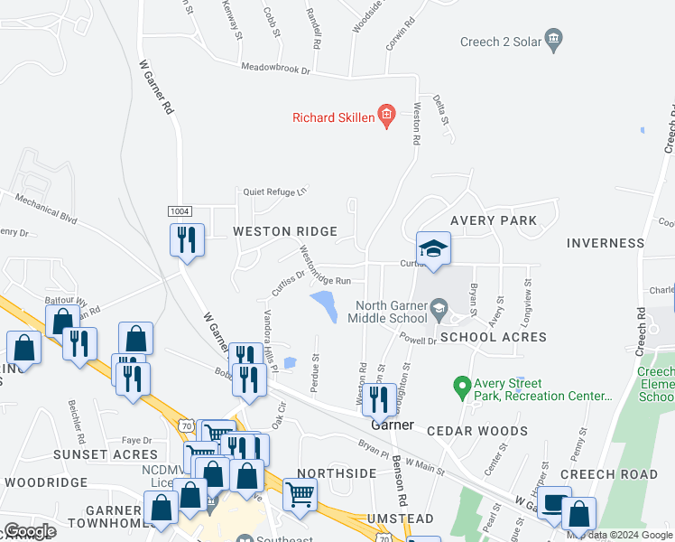 map of restaurants, bars, coffee shops, grocery stores, and more near 1117 Curtiss Drive in Garner