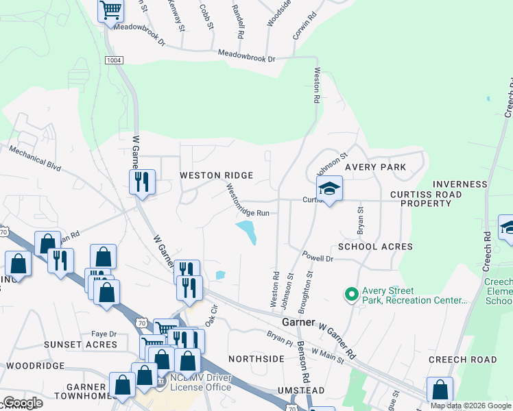 map of restaurants, bars, coffee shops, grocery stores, and more near 1117 Curtiss Drive in Garner