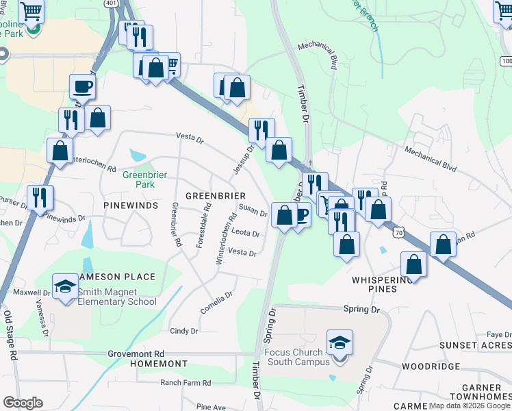 map of restaurants, bars, coffee shops, grocery stores, and more near 4405 Susan Drive in Raleigh