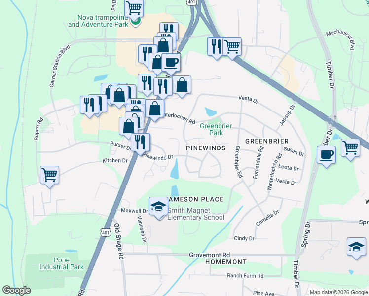 map of restaurants, bars, coffee shops, grocery stores, and more near 4217 Vesta Drive in Raleigh