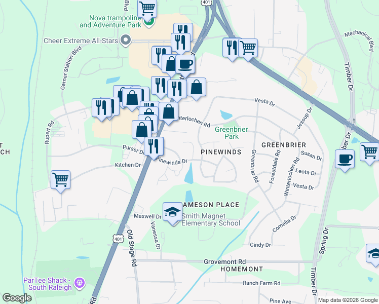 map of restaurants, bars, coffee shops, grocery stores, and more near 1301 Pinewinds Drive in Raleigh