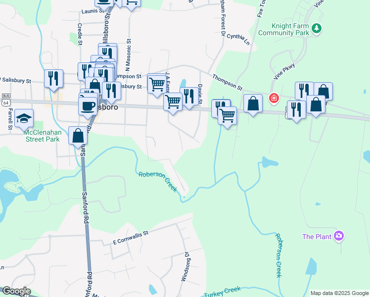 map of restaurants, bars, coffee shops, grocery stores, and more near in Pittsboro