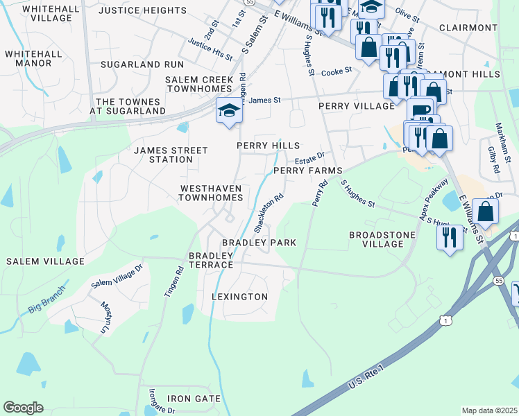 map of restaurants, bars, coffee shops, grocery stores, and more near 904 Shackleton Road in Apex