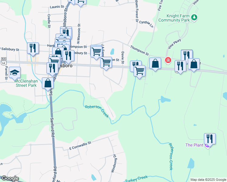 map of restaurants, bars, coffee shops, grocery stores, and more near 95 Roberts Street in Pittsboro