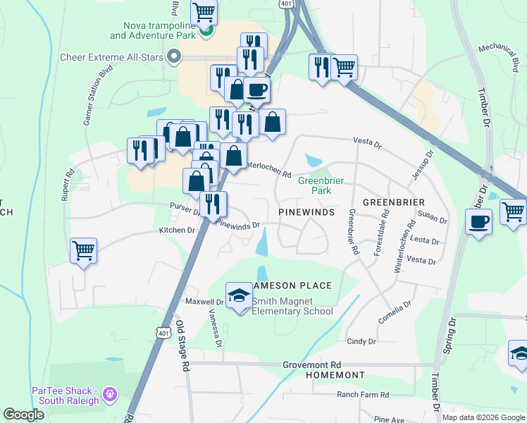map of restaurants, bars, coffee shops, grocery stores, and more near 1301 Pinewinds Drive in Raleigh