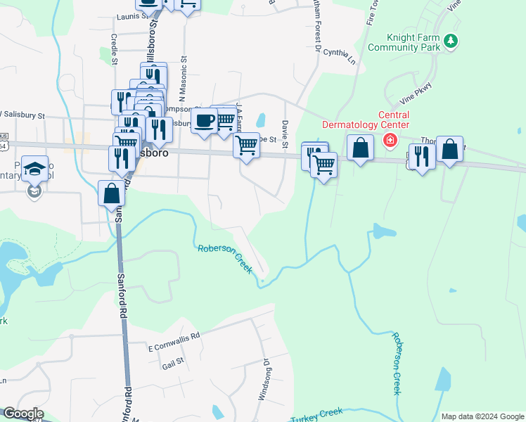 map of restaurants, bars, coffee shops, grocery stores, and more near 95 Roberts Street in Pittsboro
