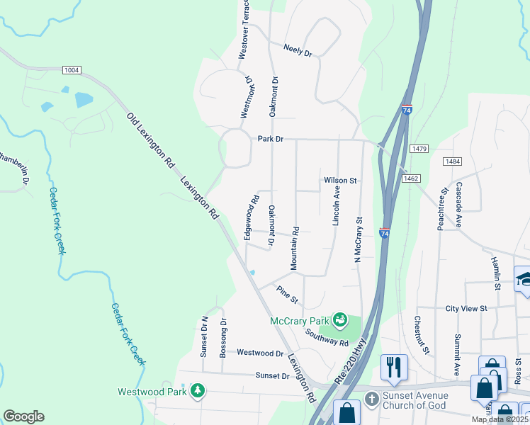 map of restaurants, bars, coffee shops, grocery stores, and more near 627 Oakmont Drive in Asheboro