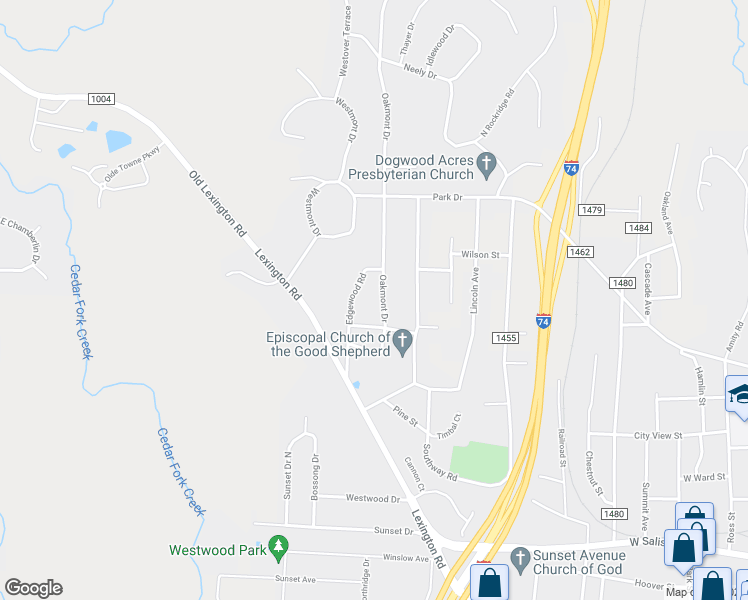 map of restaurants, bars, coffee shops, grocery stores, and more near 627 Oakmont Drive in Asheboro