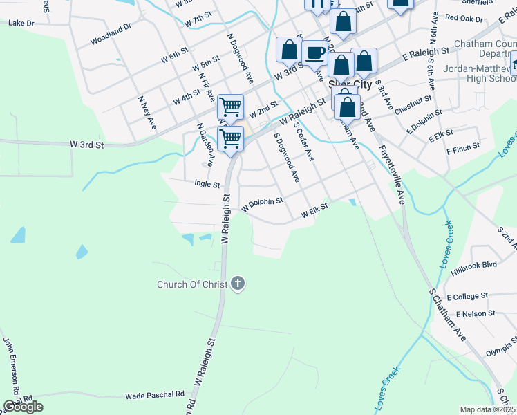 map of restaurants, bars, coffee shops, grocery stores, and more near 525 West Dolphin Street in Siler City