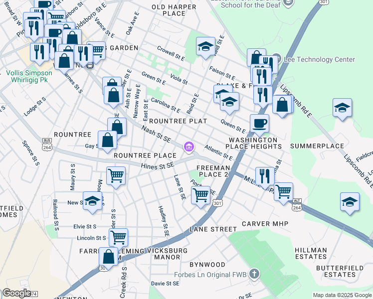 map of restaurants, bars, coffee shops, grocery stores, and more near 1112 Atlantic St E in Wilson