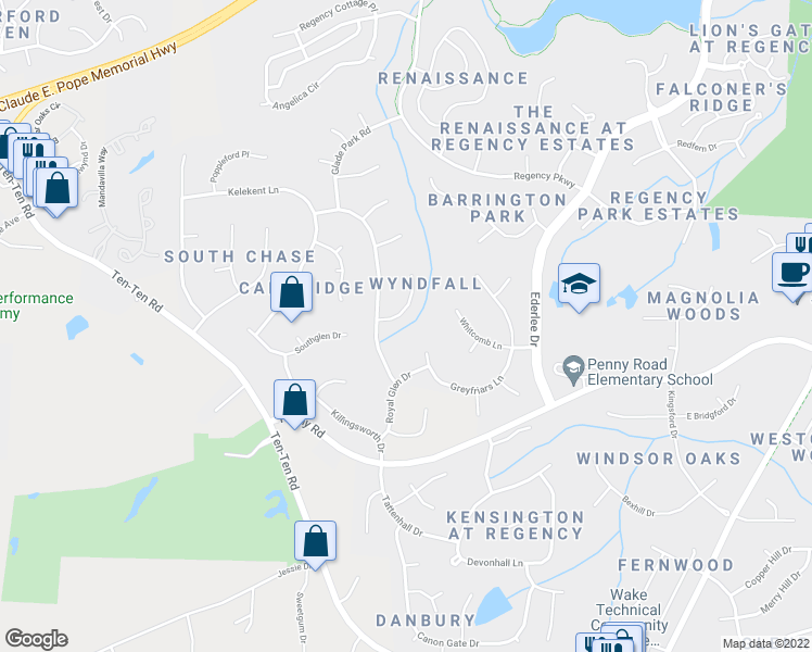 map of restaurants, bars, coffee shops, grocery stores, and more near 104 Bosswood Court in Cary