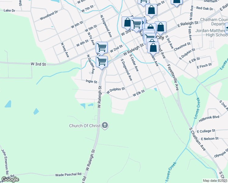 map of restaurants, bars, coffee shops, grocery stores, and more near 525 West Dolphin Street in Siler City