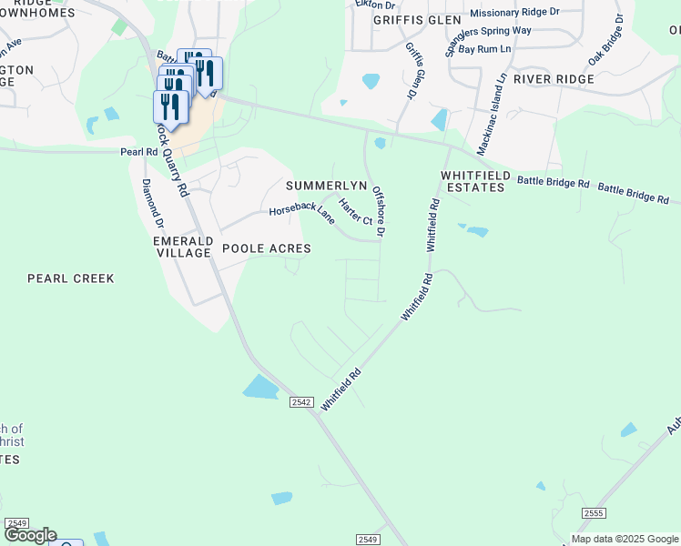 map of restaurants, bars, coffee shops, grocery stores, and more near 4408 Captain Falls Drive in Raleigh