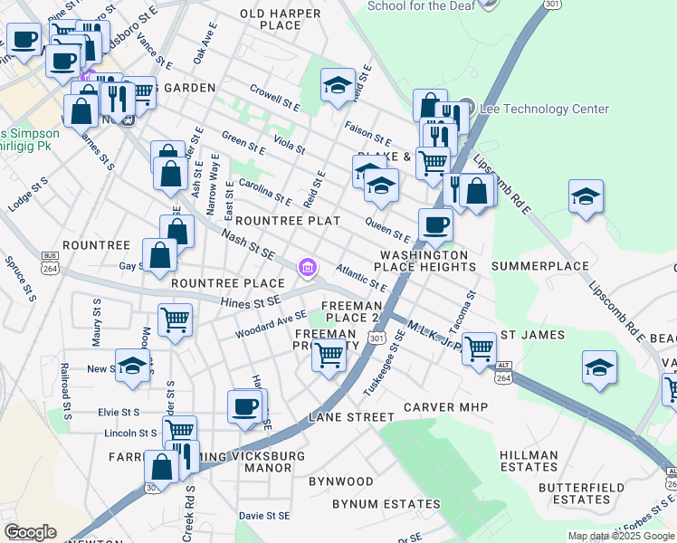 map of restaurants, bars, coffee shops, grocery stores, and more near 1300 Atlantic Street East in Wilson