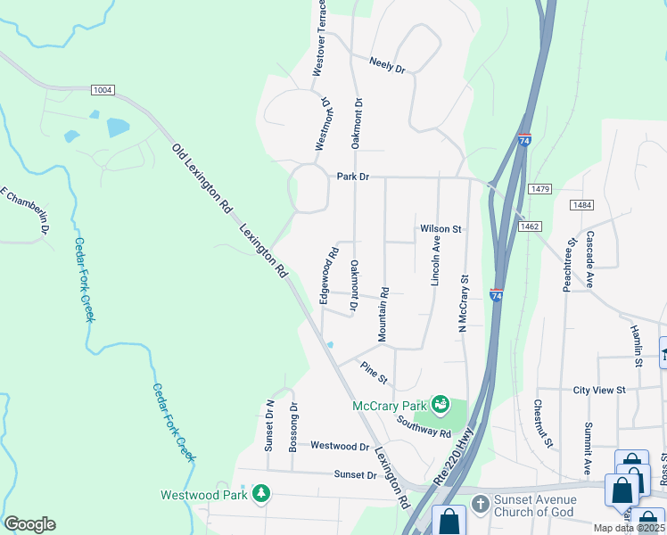 map of restaurants, bars, coffee shops, grocery stores, and more near 714 Edgewood Road in Asheboro