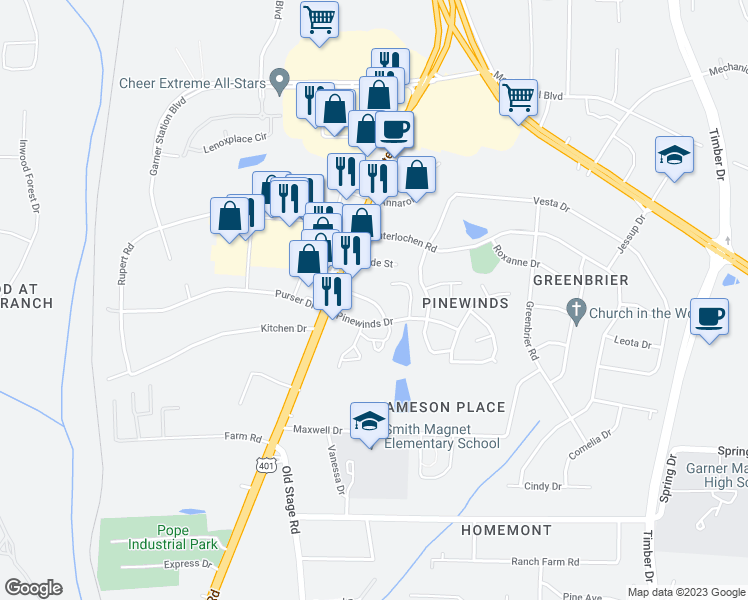 map of restaurants, bars, coffee shops, grocery stores, and more near 501 Small Pine Drive in Raleigh