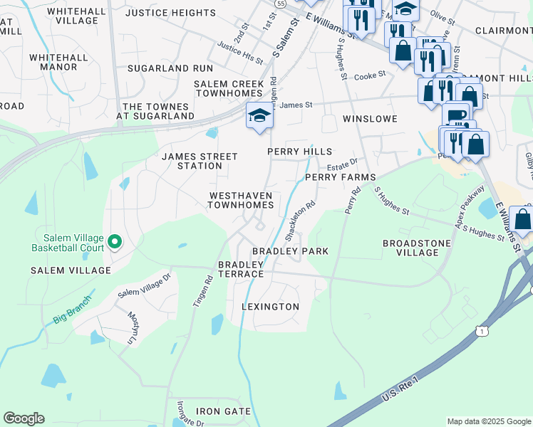 map of restaurants, bars, coffee shops, grocery stores, and more near 411 Peace Haven Place in Apex