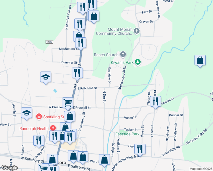 map of restaurants, bars, coffee shops, grocery stores, and more near 721 Eastview Drive in Asheboro