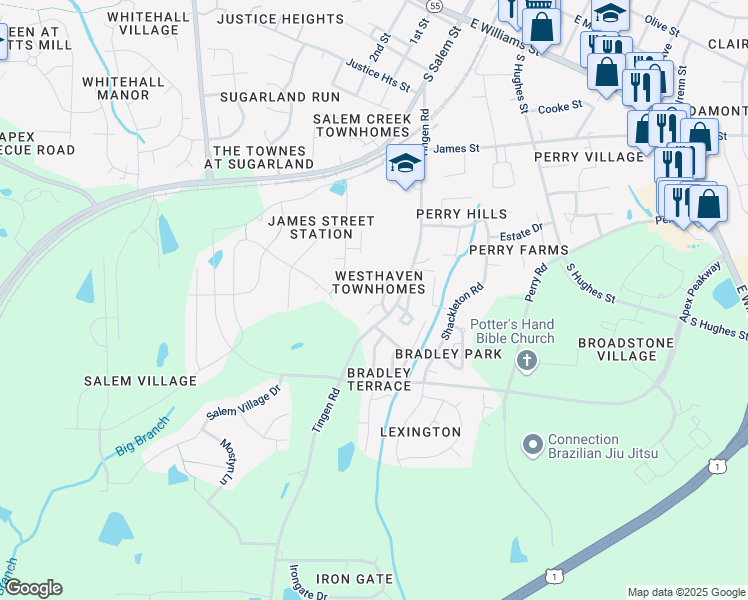 map of restaurants, bars, coffee shops, grocery stores, and more near 302 Port Haven Drive in Apex