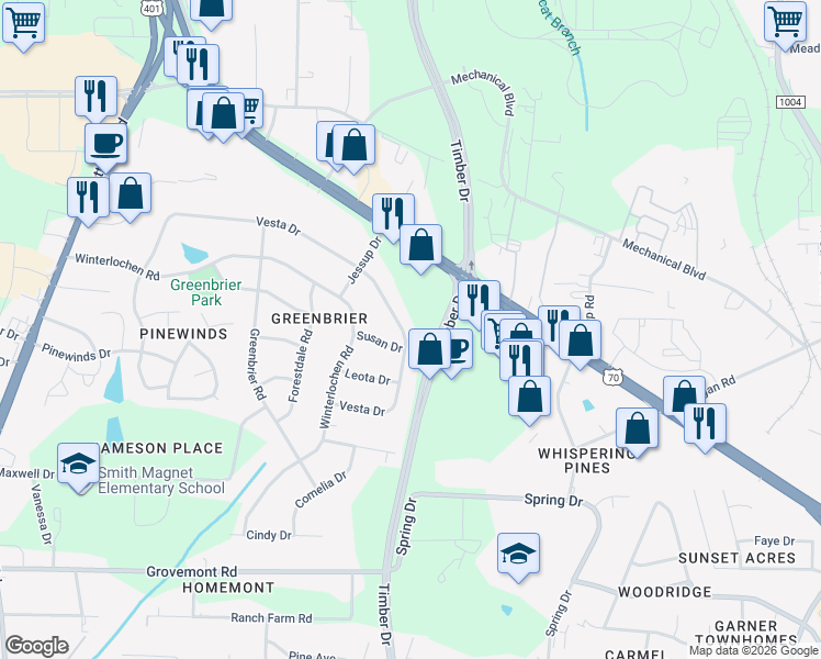 map of restaurants, bars, coffee shops, grocery stores, and more near 3708 Vesta Drive in Raleigh
