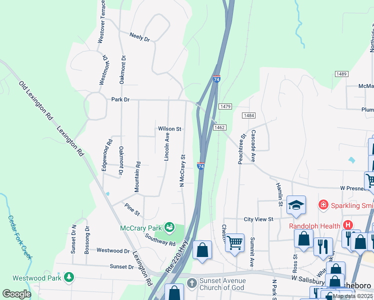 map of restaurants, bars, coffee shops, grocery stores, and more near 586 South McCrary Street in Asheboro