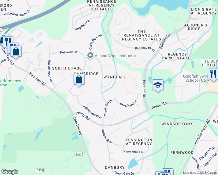map of restaurants, bars, coffee shops, grocery stores, and more near 104 Bosswood Court in Cary