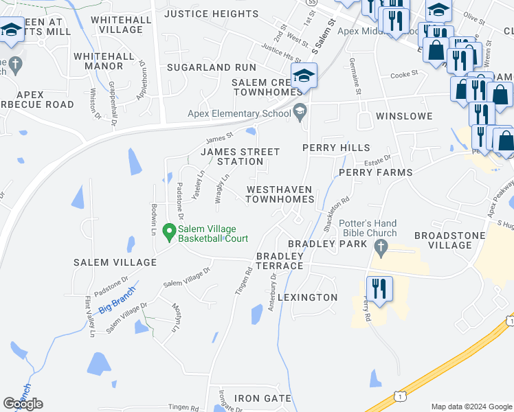 map of restaurants, bars, coffee shops, grocery stores, and more near 1300 Padstone Drive in Apex