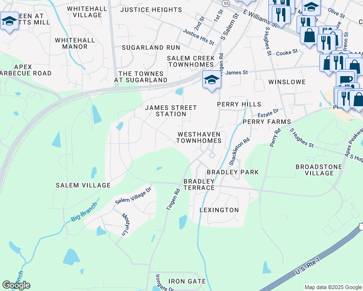 map of restaurants, bars, coffee shops, grocery stores, and more near 1300 Padstone Drive in Apex