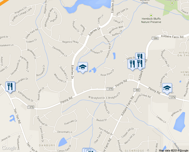 map of restaurants, bars, coffee shops, grocery stores, and more near 451 Rose Point Drive in Cary