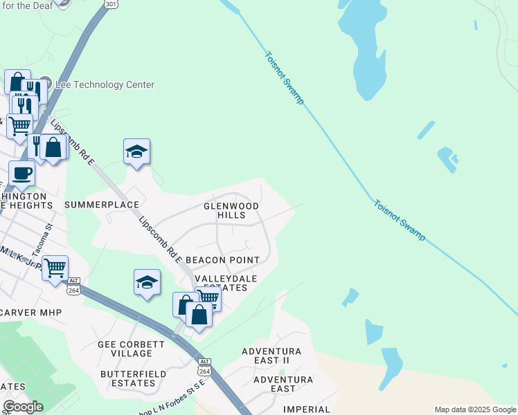 map of restaurants, bars, coffee shops, grocery stores, and more near 2104 Fieldcrest Road East in Wilson