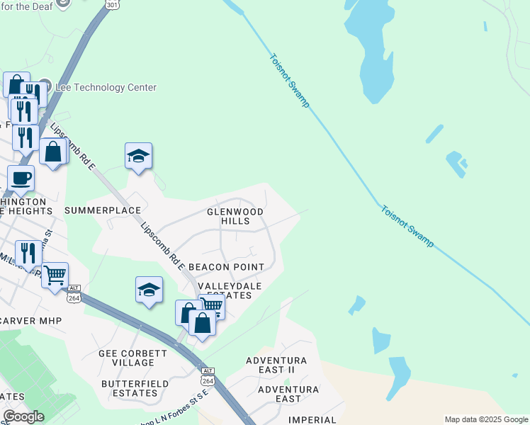 map of restaurants, bars, coffee shops, grocery stores, and more near 2104 Fieldcrest Road East in Wilson