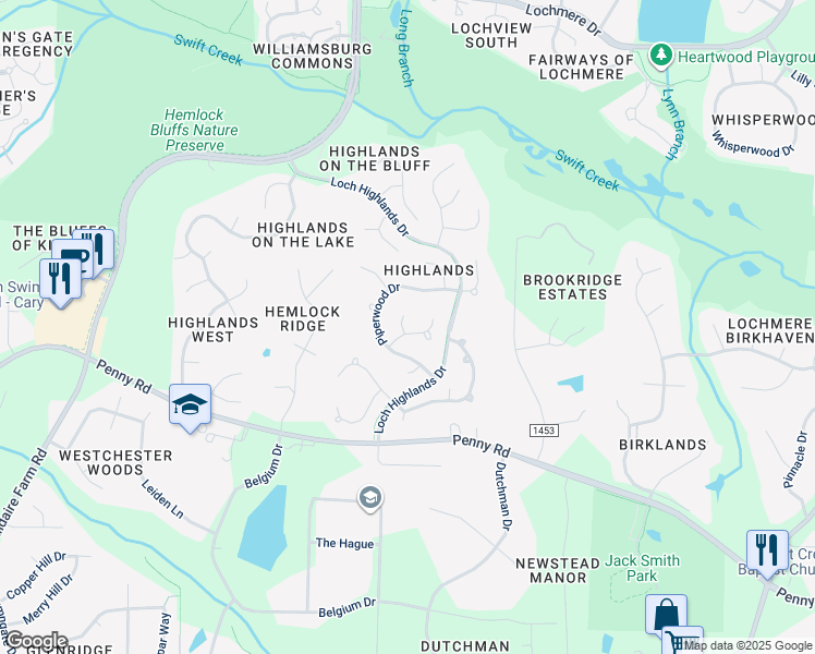 map of restaurants, bars, coffee shops, grocery stores, and more near 100 Hollycliff Lane in Cary