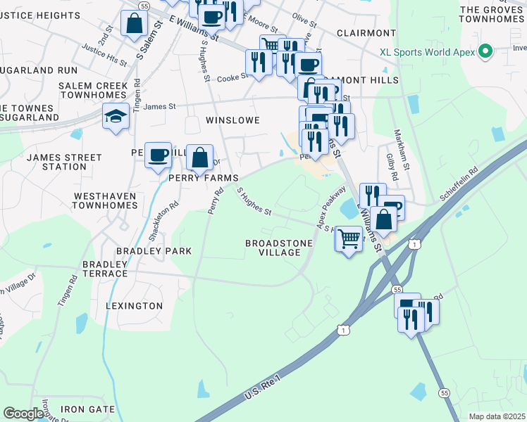 map of restaurants, bars, coffee shops, grocery stores, and more near 912 South Hughes Street in Apex