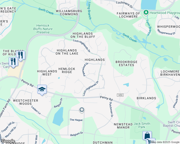 map of restaurants, bars, coffee shops, grocery stores, and more near 100 Hollycliff Lane in Cary