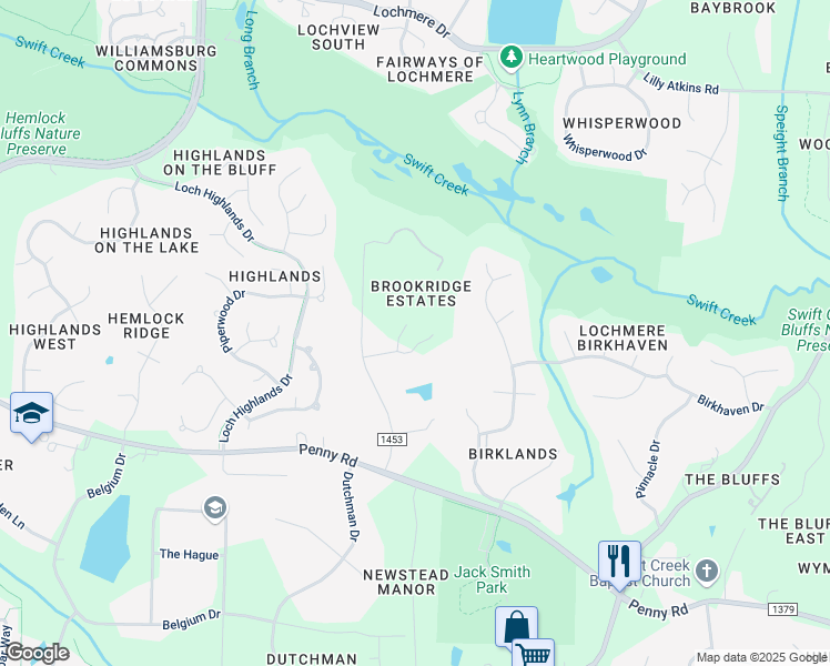 map of restaurants, bars, coffee shops, grocery stores, and more near 105 Barcliff Terrace in Cary
