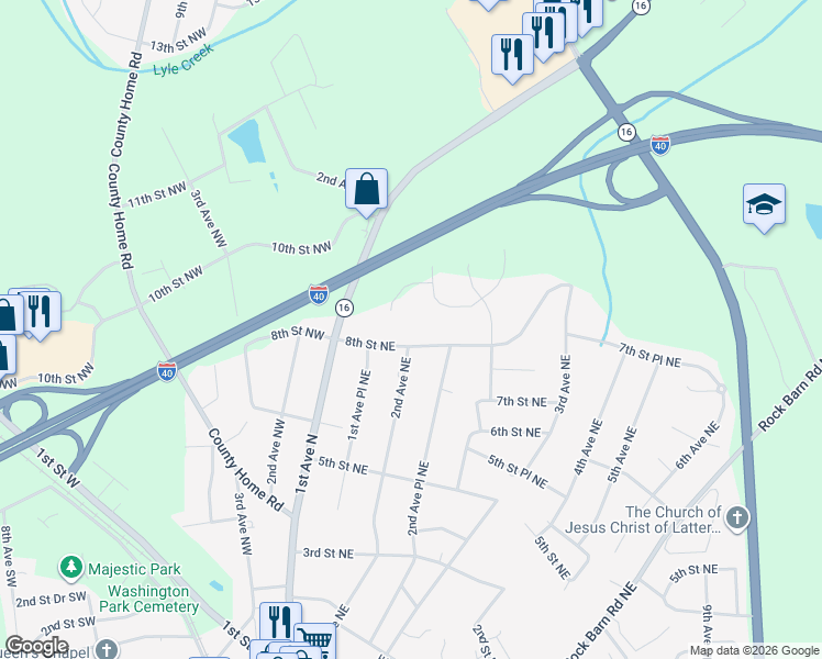 map of restaurants, bars, coffee shops, grocery stores, and more near 208 9th Street Northeast in Conover