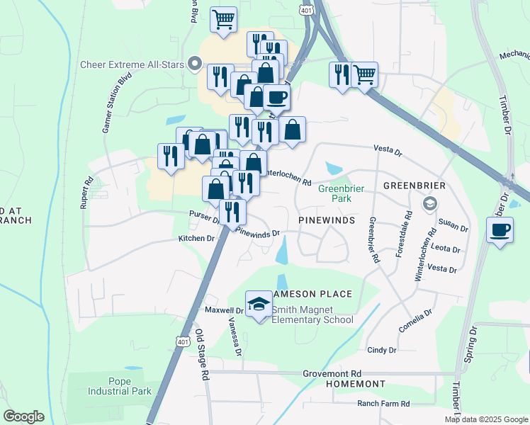 map of restaurants, bars, coffee shops, grocery stores, and more near 1254 Shadowbark Court in Raleigh