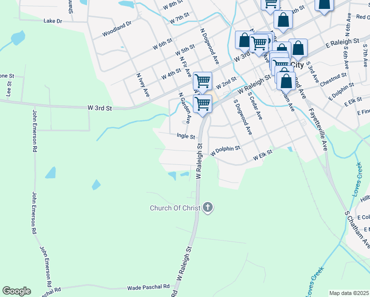 map of restaurants, bars, coffee shops, grocery stores, and more near 111 Ingle Street in Siler City