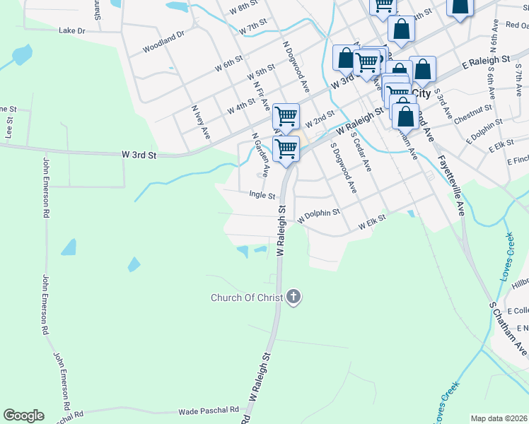 map of restaurants, bars, coffee shops, grocery stores, and more near 111 Ingle Street in Siler City