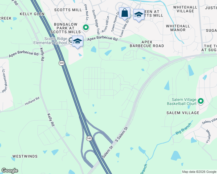 map of restaurants, bars, coffee shops, grocery stores, and more near 1525 South Salem Street in Apex