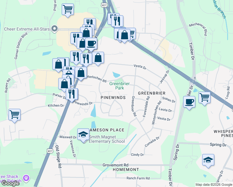 map of restaurants, bars, coffee shops, grocery stores, and more near 105 Forestchase Court in Raleigh