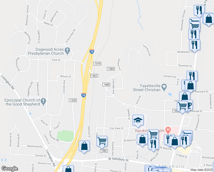 map of restaurants, bars, coffee shops, grocery stores, and more near 648 Peachtree Street in Asheboro