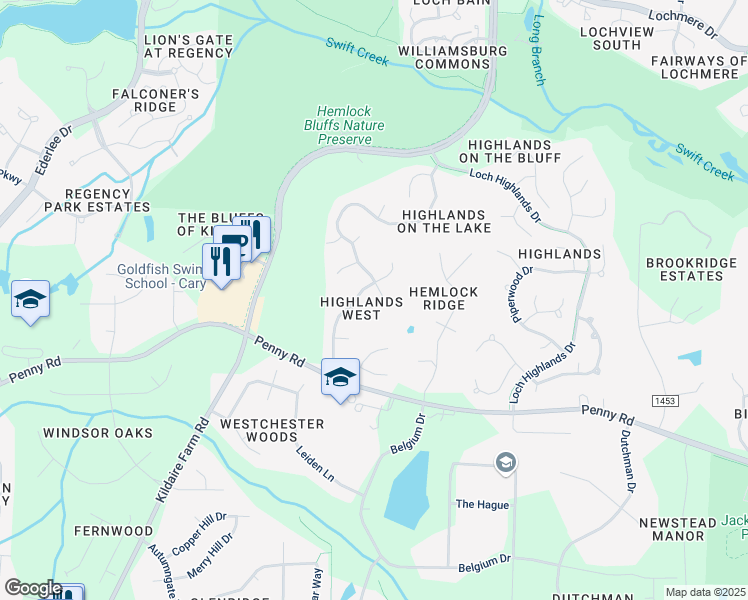 map of restaurants, bars, coffee shops, grocery stores, and more near 402 Highlands Lake Drive in Cary