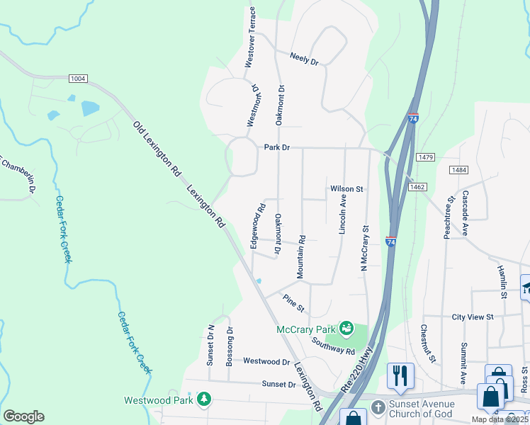 map of restaurants, bars, coffee shops, grocery stores, and more near 714 Edgewood Road in Asheboro