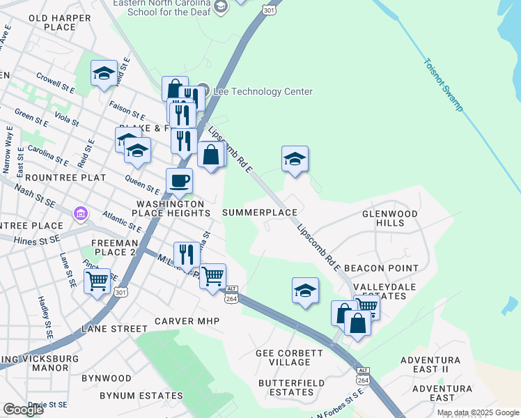 map of restaurants, bars, coffee shops, grocery stores, and more near 1664 Lipscomb Road East in Wilson