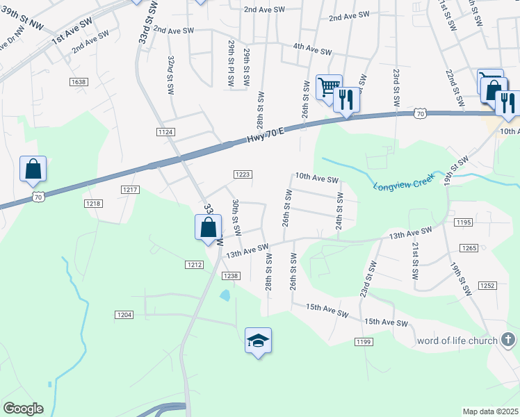 map of restaurants, bars, coffee shops, grocery stores, and more near 2816 11th Avenue Southwest in Hickory